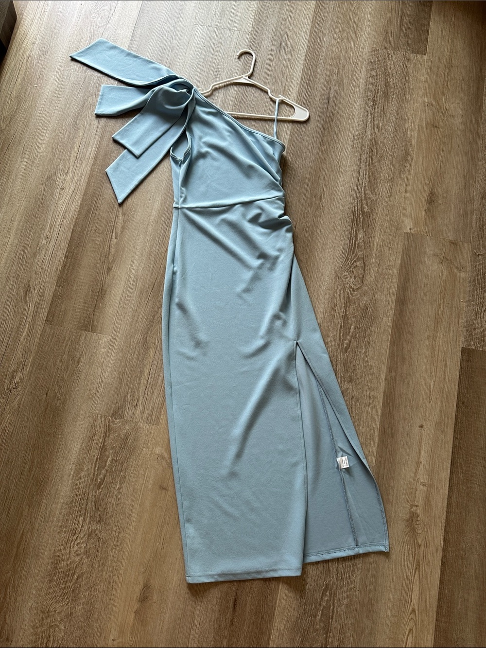 One-Shoulder Slate Blue Maxi Dress with Bow Detail